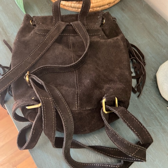 Suede festival Backpack/purse bag in dark brown with fringe - Picture 2 of 8